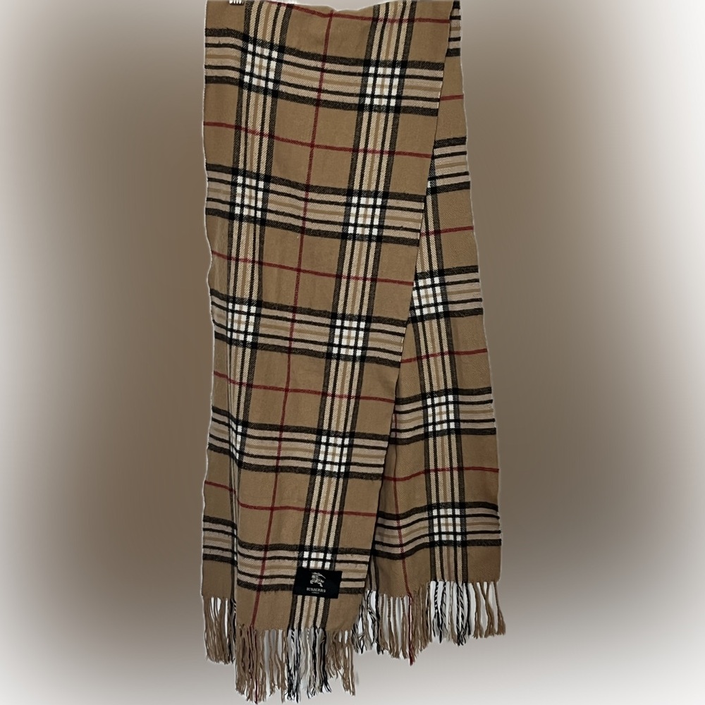 Burberry Classic Check Cashmere Scarf Camel Plaid Fringe